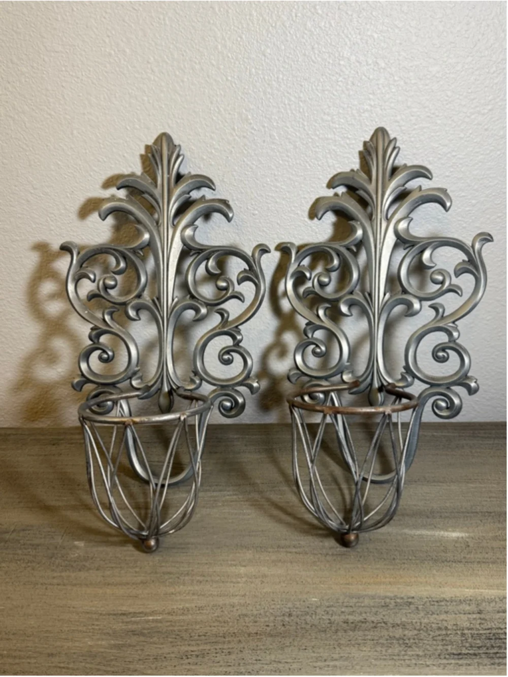 Silver Tone Metal Wall Mounted Candle Sconce Holders Pair